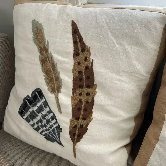 Kuk-May Rare feather Hand Embroidered Linen 20” pillows with down inserts